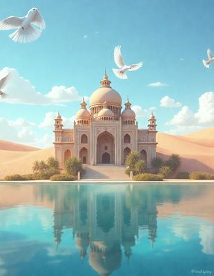 The primary subject of the image is a large, ornate building with a dome roof, which appears to be a palace or a mosque. The building is situated in a desert-like environment, with sand visible in the foreground. The visual style of the image is a digital art or illustration, creating a vibrant and detailed scene. The colors and mood of the image are predominantly warm and earthy tones, with a sense of grandeur and historical significance.